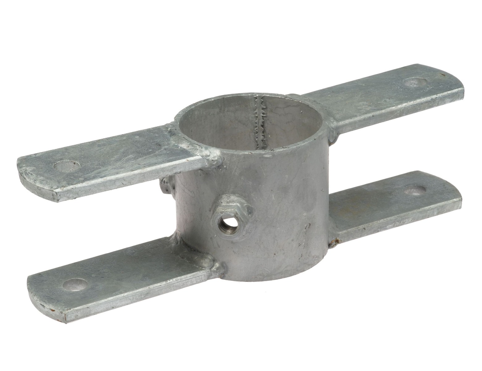 A heavy-duty hot-dip galvanised ring pipe clamp rotation part with a central sleeve and four protruding flat mounting plates.
