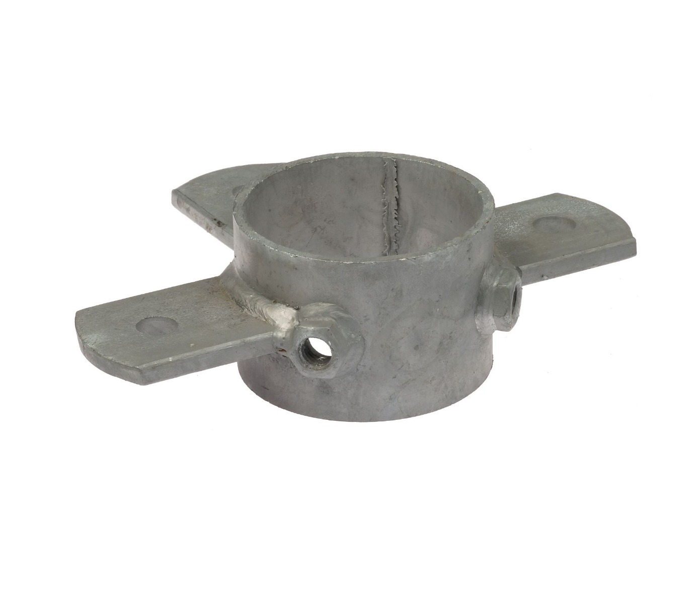 A galvanised steel ring pipe clamp featuring three projecting lips and threaded holes for securing pipes and structural fittings.