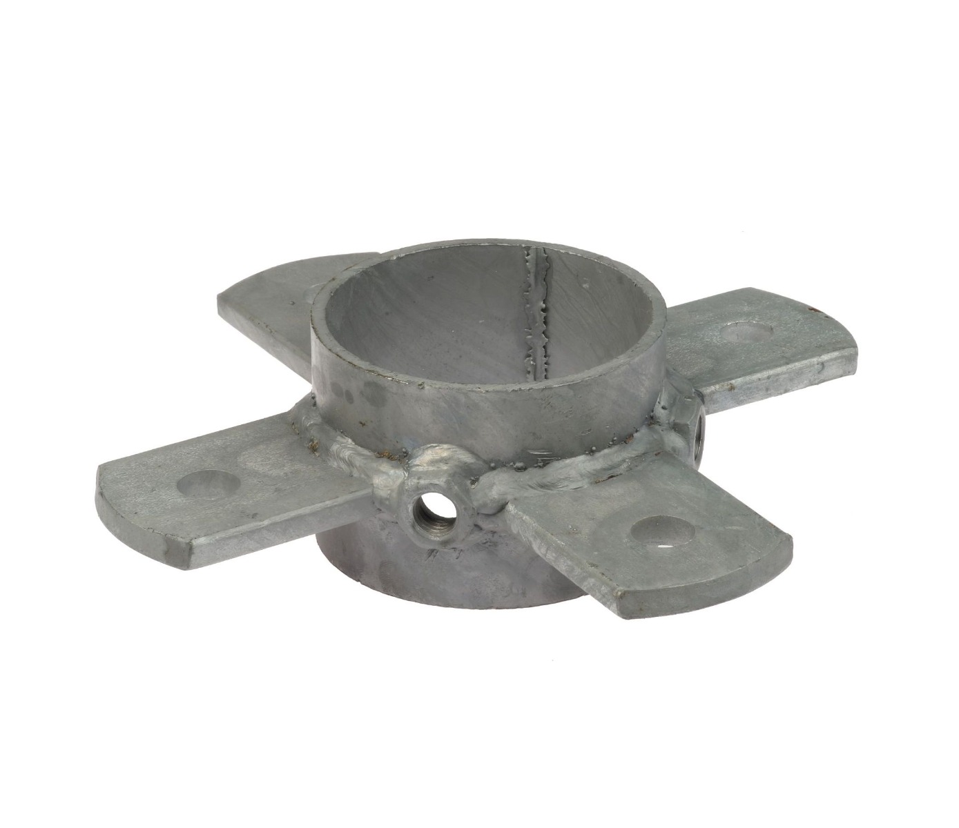 A grey, metallic hot-dip galvanized ring pipe clamp featuring four protruding lips with pre-drilled holes for secure attachment.