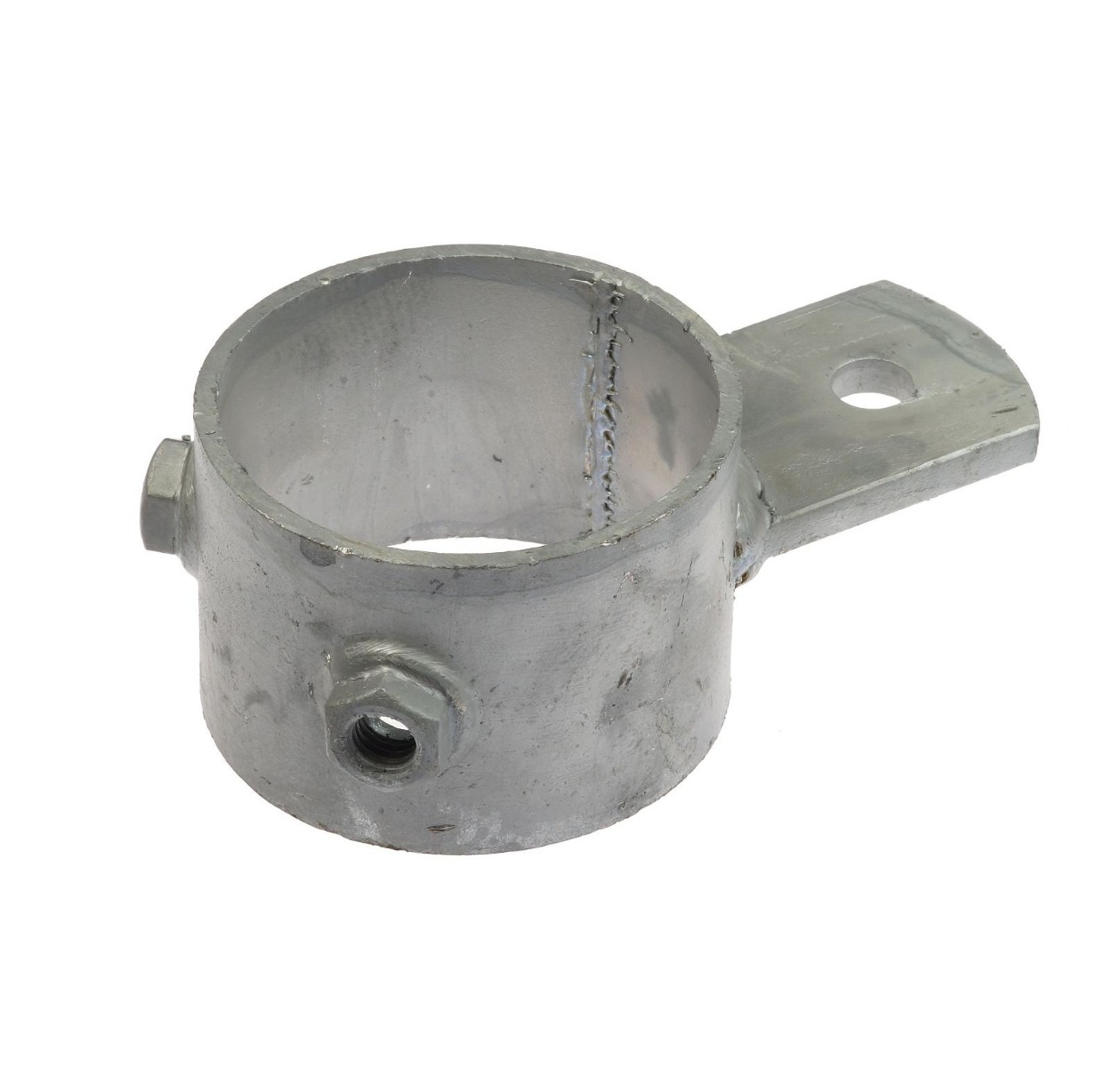 A circular metal ring pipe clamp featuring a single mounting lip and side bolts with a hot-dip galvanized finish.