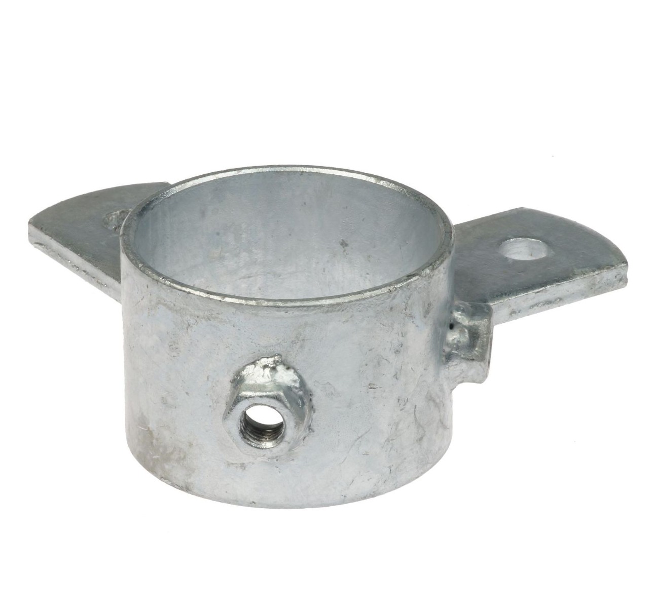 A silver hot-dip galvanised ring pipe clamp featuring two flat side lips and a threaded nut for secure attachment.