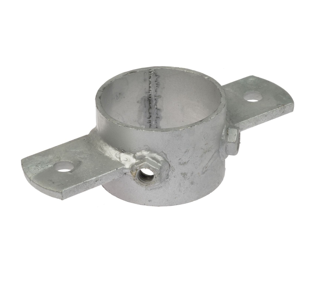 A silver hot-dip galvanized ring pipe clamp featuring two side lips with pre-drilled holes for secure mounting on surfaces.