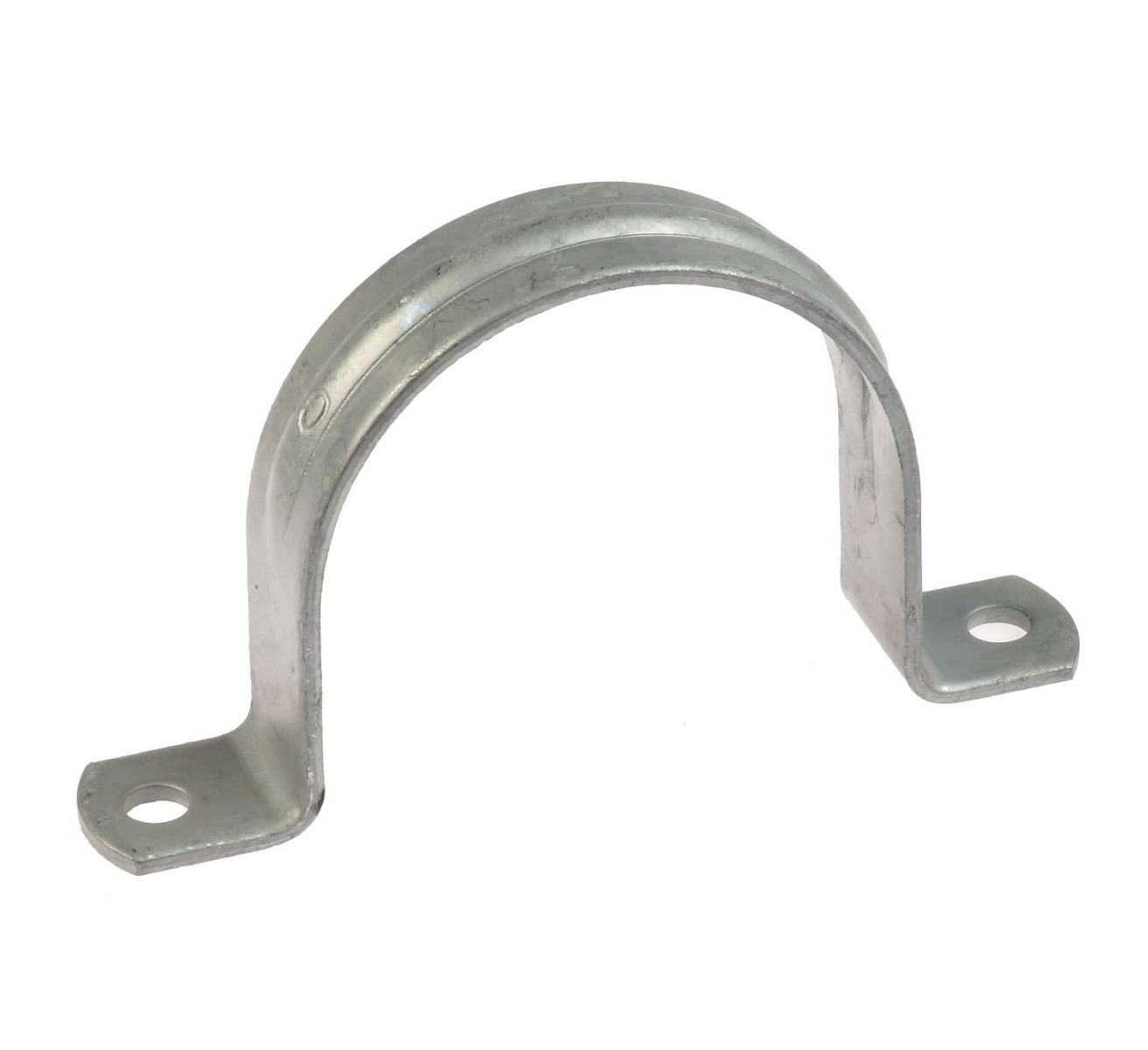 A U-shaped hot-dip galvanised metal saddle pipe clip with two mounting holes, designed for securing pipes to flat surfaces.