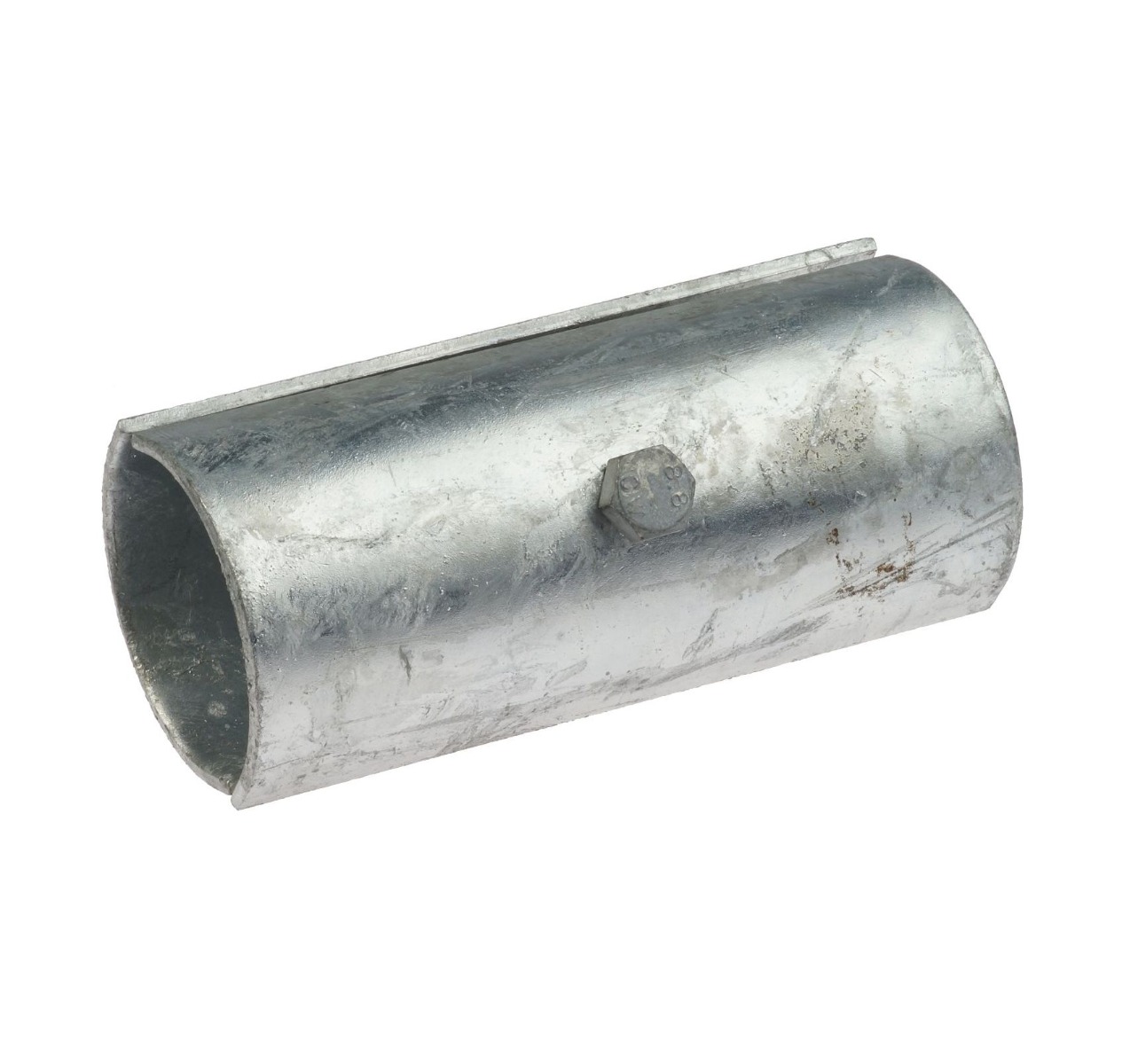 A hot-dip galvanised split tube connector featuring a single central bolt, designed for securely coupling two metal pipes or tubes.