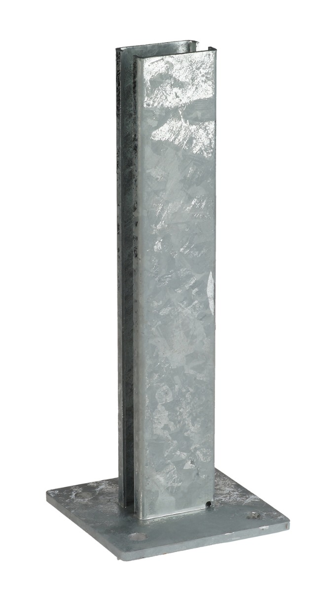Durable hot-dip galvanised steel box section post with a sturdy square base plate for secure surface mounting.
