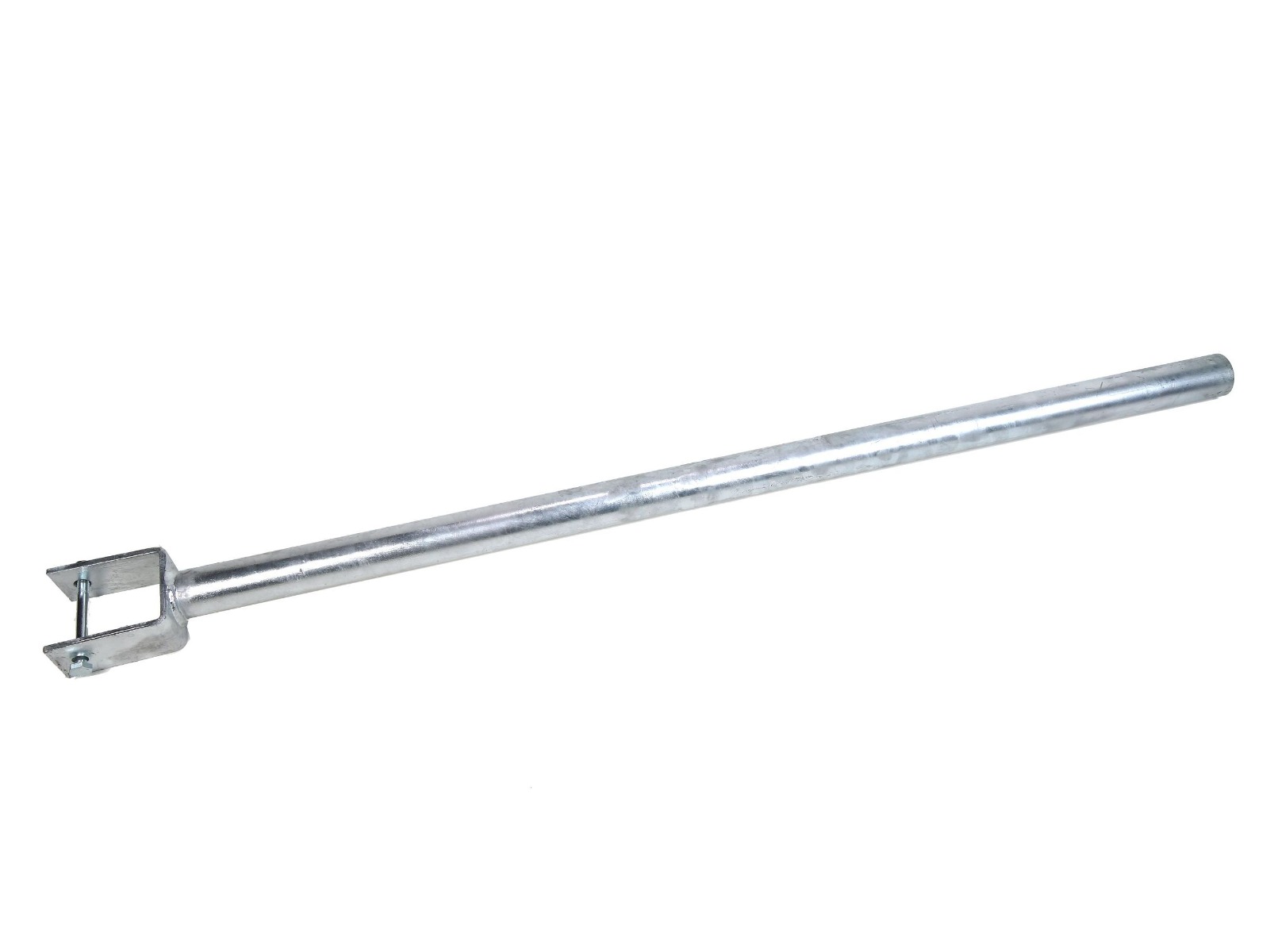 Long hot-dip galvanised steel extension tube with a U-shaped bracket and pin hole for secure plug-in connections.