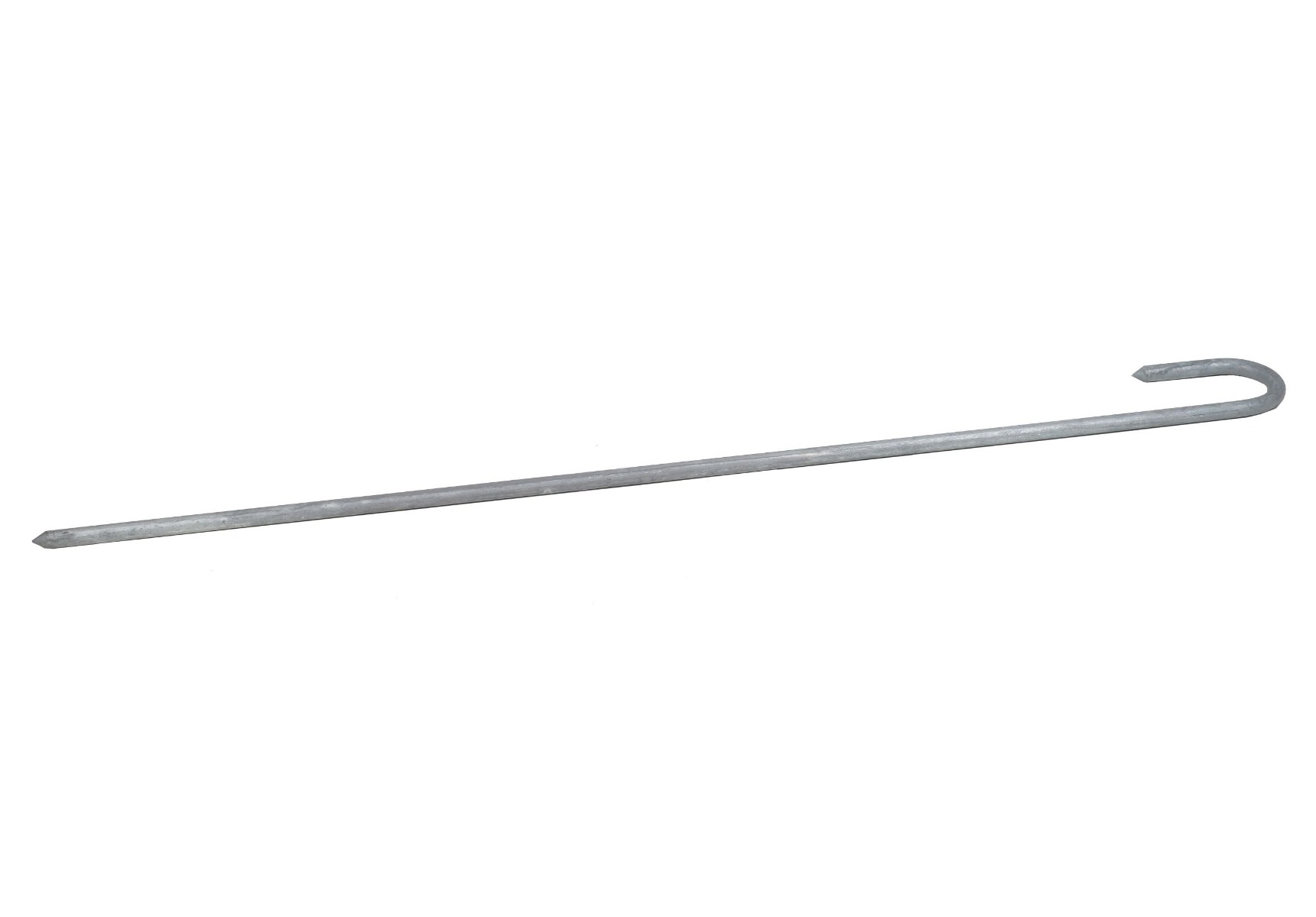 A long hot dip galvanised metal rod with a hooked top and a pointed bottom end on a white background.