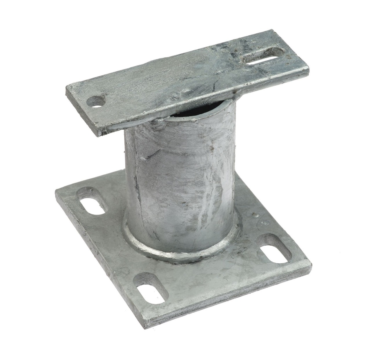 Hot-dip galvanized steel spacer with a square base and rectangular top plate featuring slotted holes for secure industrial mounting.