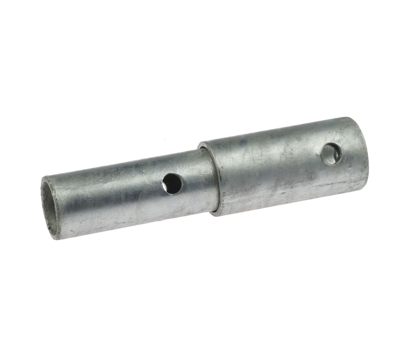 A metallic tube extension with a hot-dip galvanised finish, showing two cylindrical sections and holes for bolt fastening.