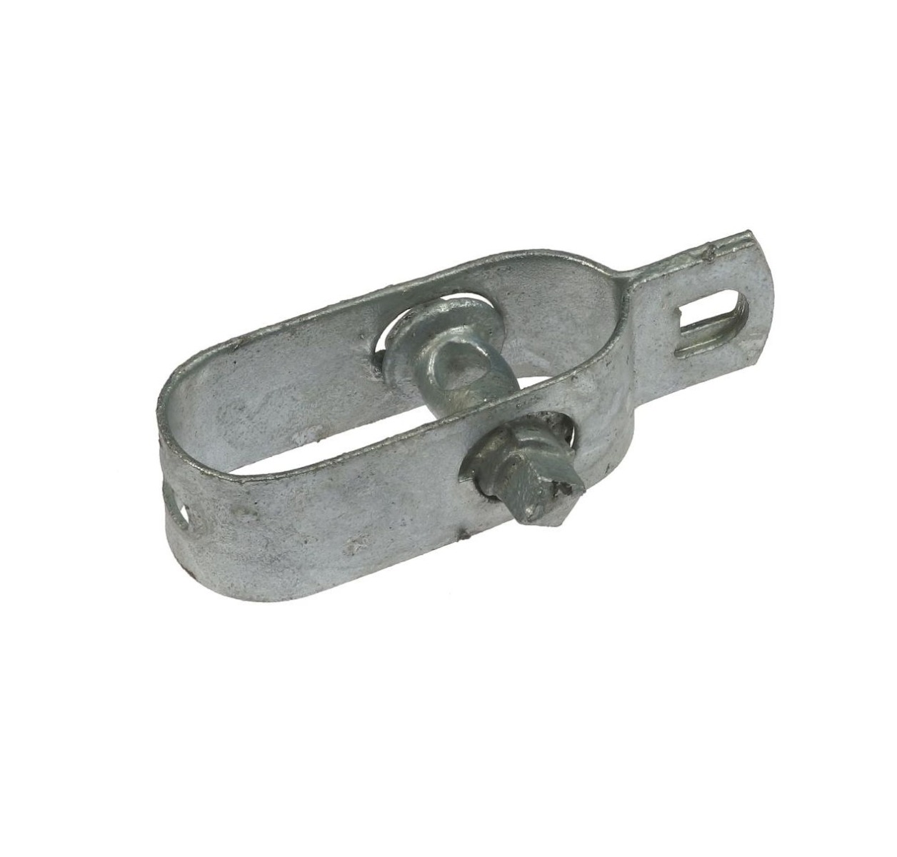 A silver hot dip galvanised steel wire tensioner used for tightening and securing fence wires on a white background.