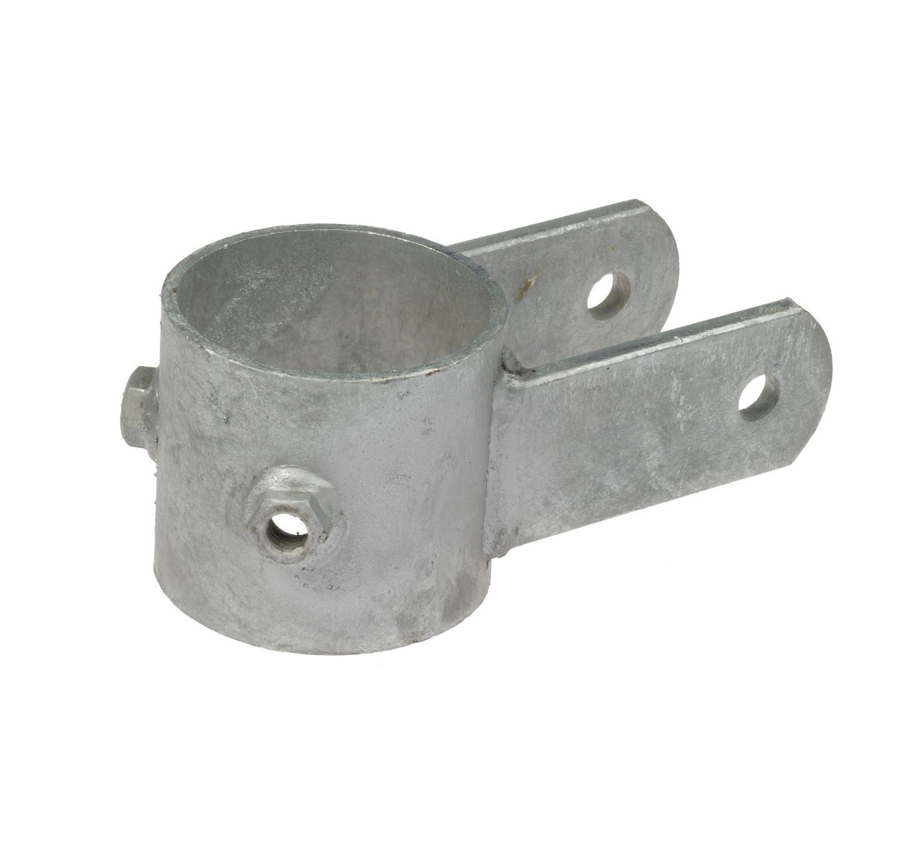 A hot-dip galvanized metal pipe support clamp featuring a cylindrical center and two protruding lips with pre-drilled bolt holes.