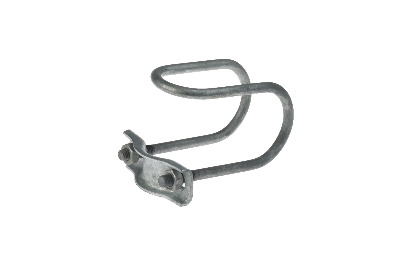 A hot-dip galvanised TG 245 M10 straight wire clamp with a double-loop design and securing bracket for greenhouse applications.