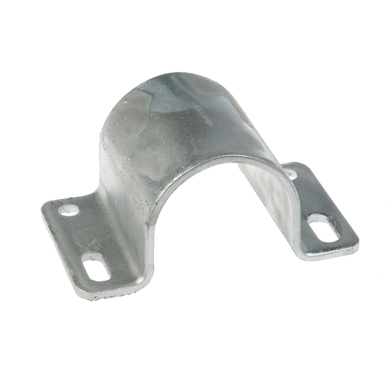 Hot-dip galvanised steel tube clamp featuring a curved middle section and flat ends with pre-drilled holes for secure mounting.