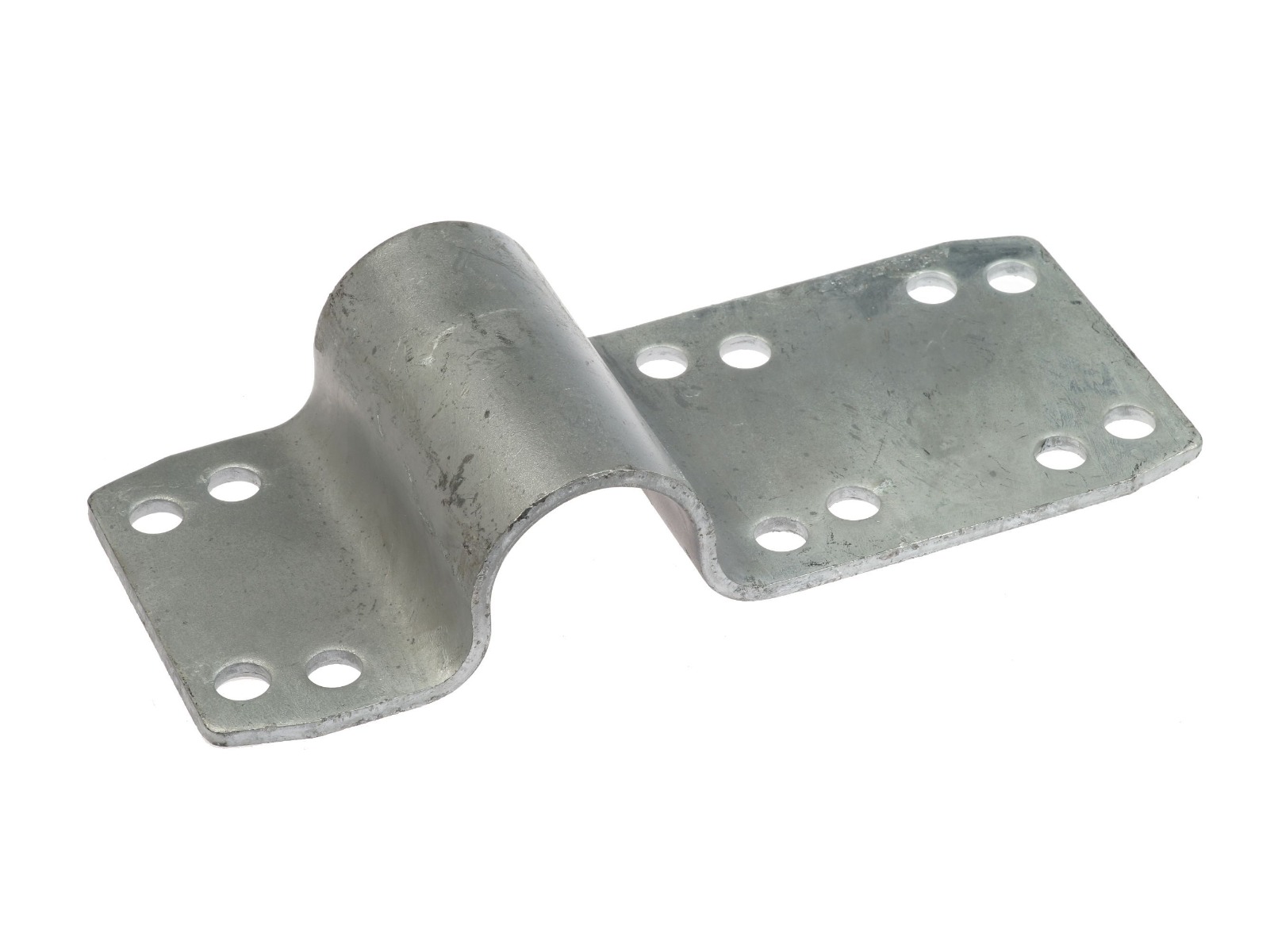 Silver hot-dip galvanised metal tube clamp with a central arch and flat side plates containing twelve pre-drilled bolt holes.