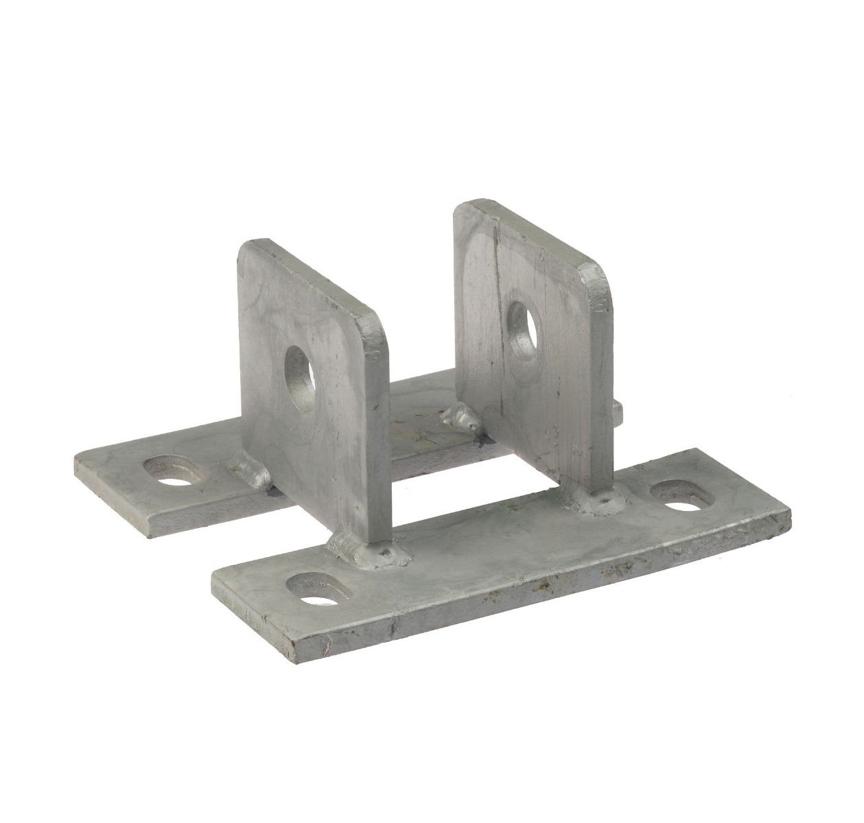 Industrial hot-dip galvanised steel tube wall support bracket featuring two vertical plates and horizontal lips with mounting holes.