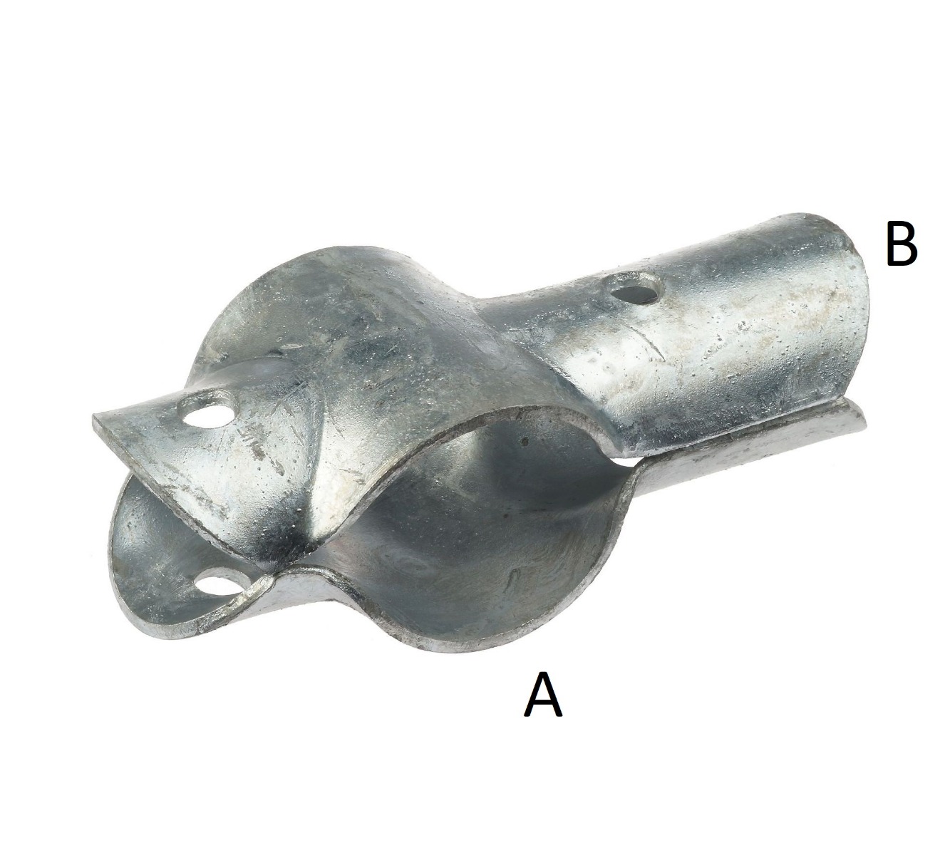 A hot-dip galvanised two-part T-clamp with lip, designed for joining pipes, featuring labeled sections A and B.