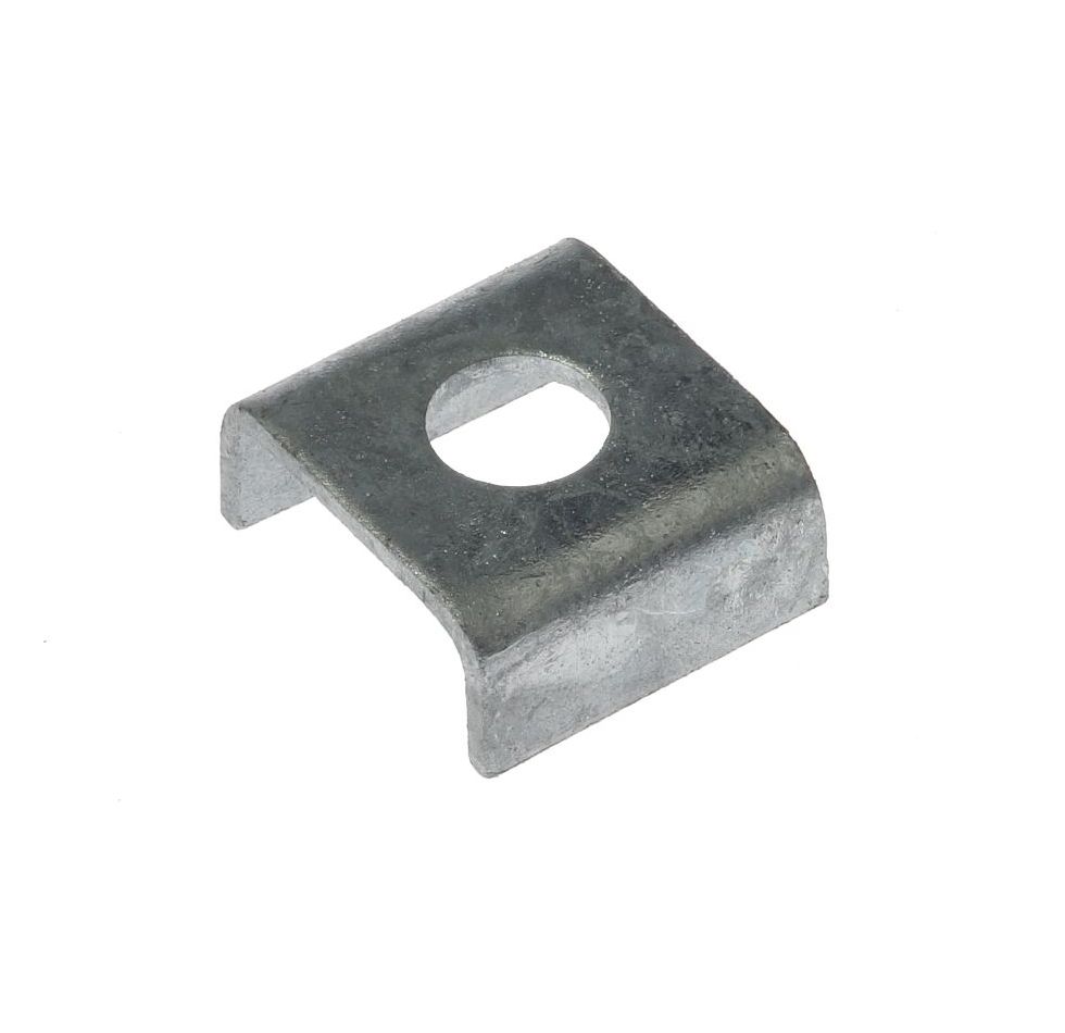 A U-shaped metal mounting ring with a central hole, finished in durable hot-dip galvanised grey steel.