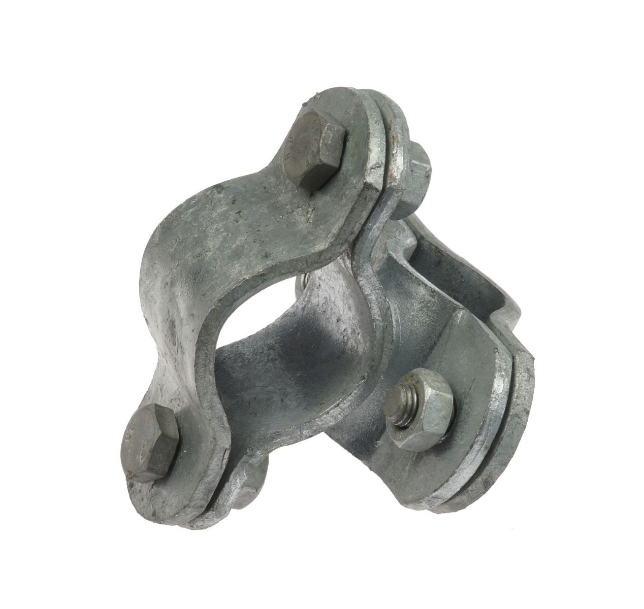 A hot-dip galvanised welded crossover clamp for connecting two pipes perpendicularly, featuring heavy-duty steel construction and secure bolt fasteners.