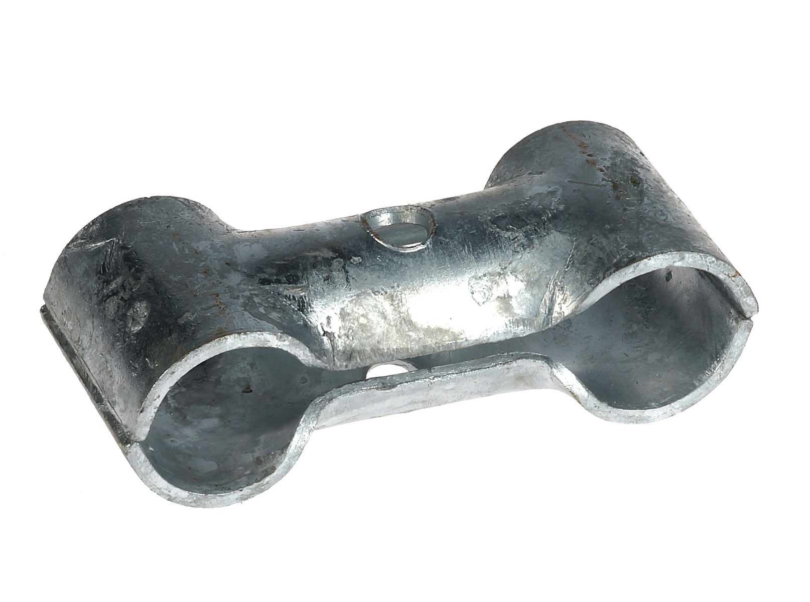 A hot-dip galvanized two-piece X-clamp designed to securely connect and join two metal pipes at a T-junction or cross.