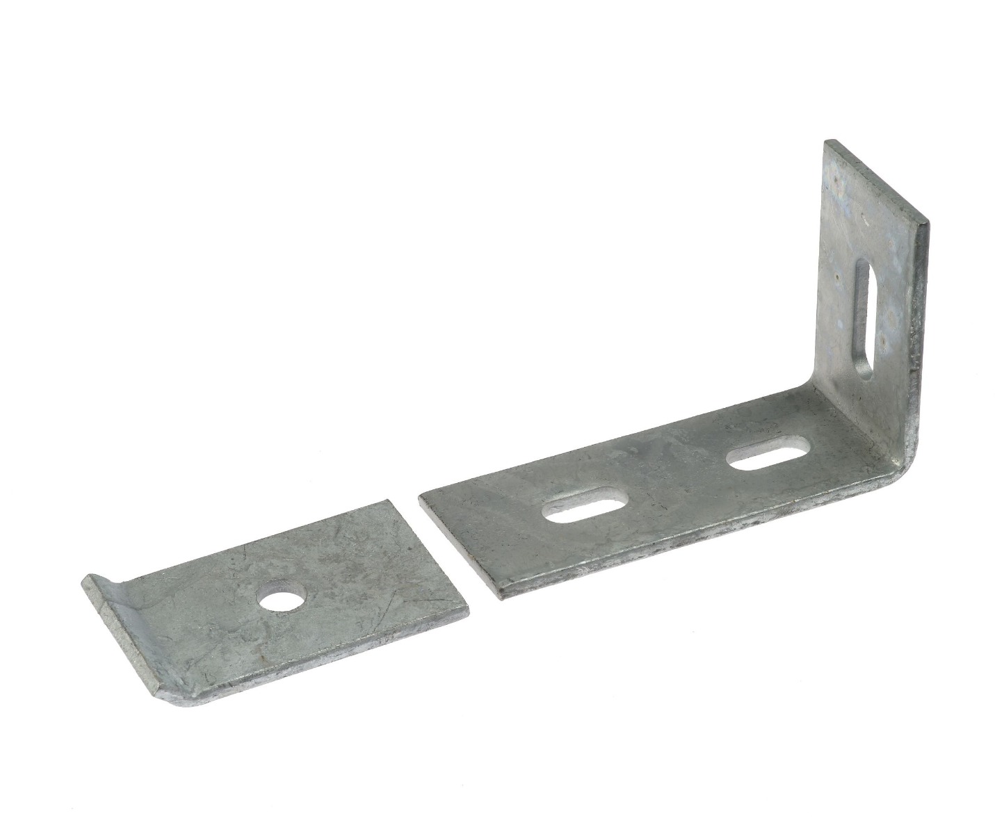 A hot-dip galvanized steel distance holder set featuring an L-shaped bracket and a matching flat mounting plate with slots.