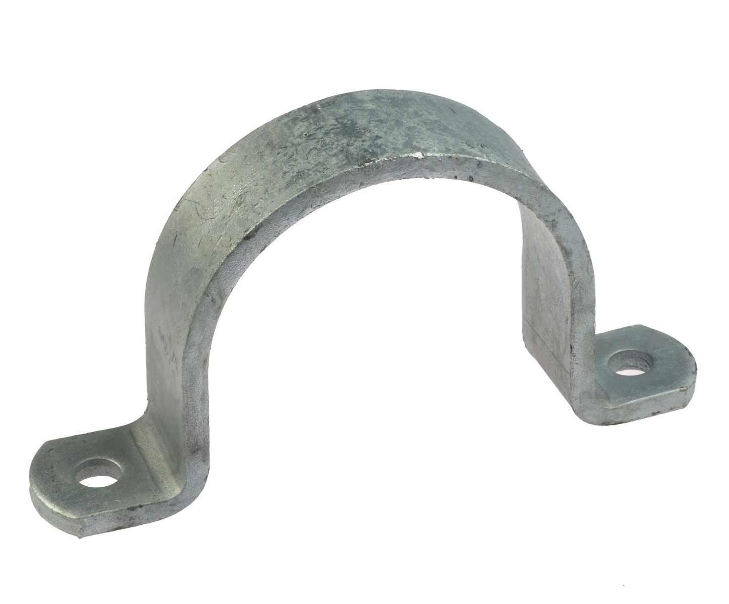 A U-shaped hot-dip galvanized steel saddle bracket with two pre-drilled mounting holes for secure pipe fastening and industrial support.