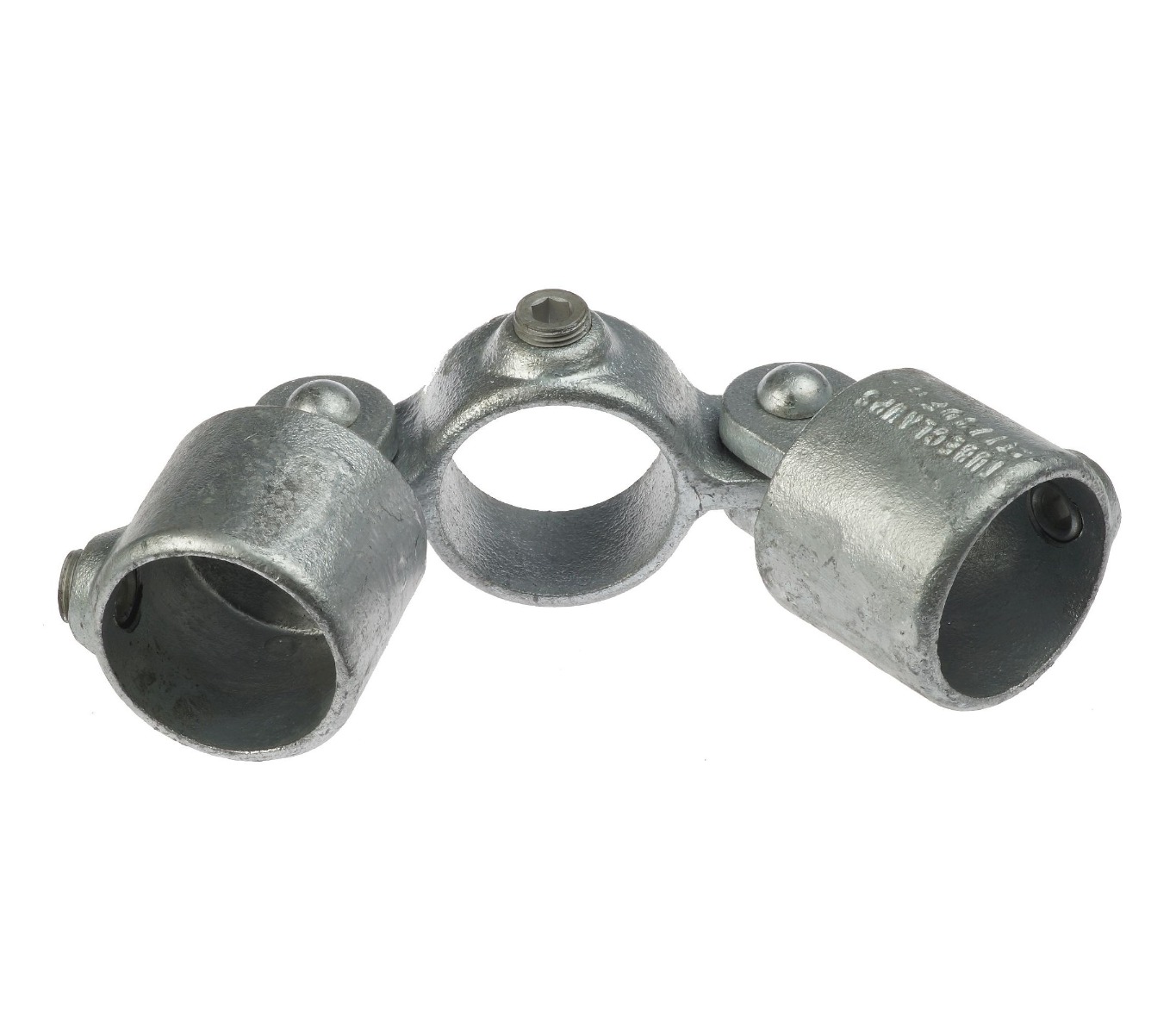 A hot-dip galvanized cast iron double swivel combination fitting designed to connect three structural pipes at adjustable angles.
