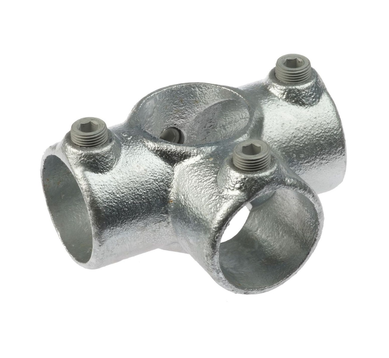 A silver hot-dip galvanized cast iron side outlet tee fitting with three openings and set screws for secure pipe connections.