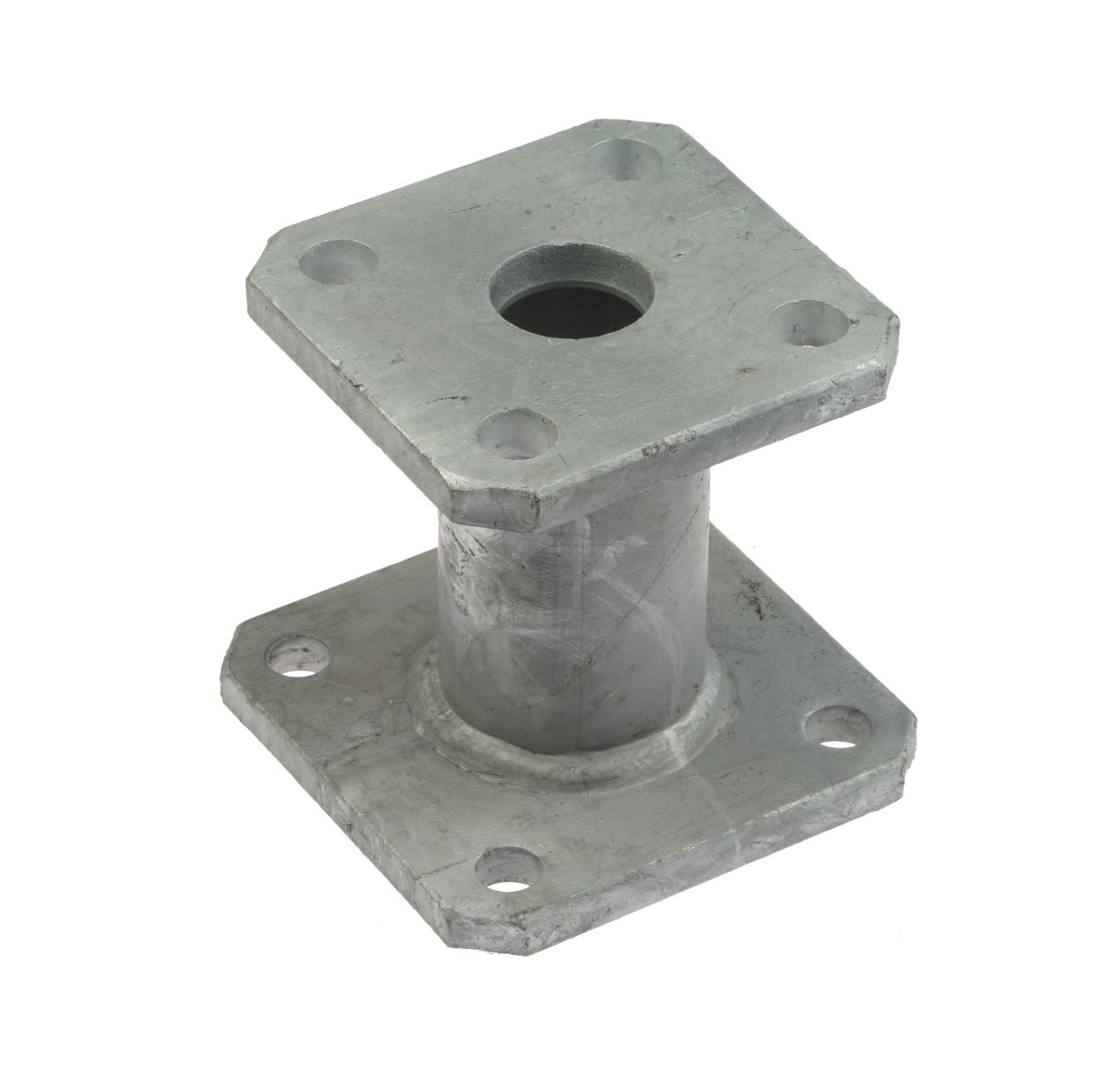 A hot-dip galvanized cast iron spacer featuring two square four-hole flanges connected by a central tube on white.