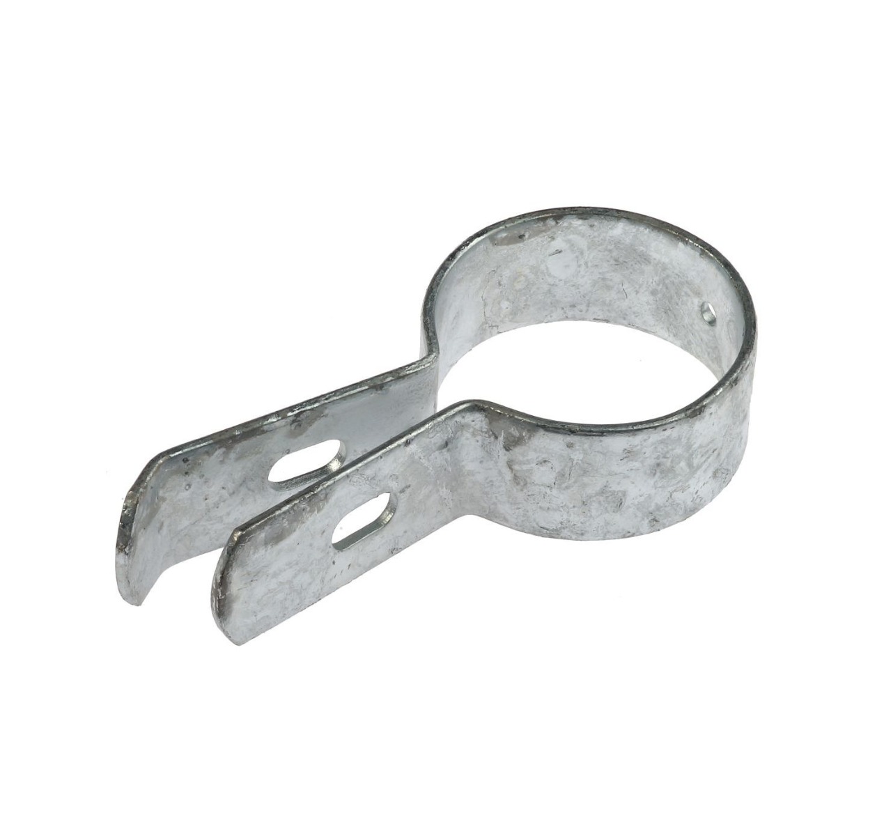 A silver hot-dip galvanized metal end bracket featuring a circular clamp and extended lip with slotted holes for fence assembly.