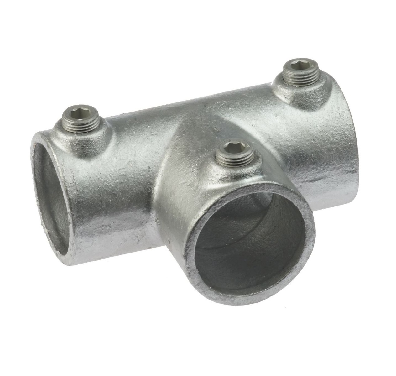 Silver-colored hot-dip galvanized cast iron T-clamp fitting with three set screws for securing industrial metal pipes and railings.