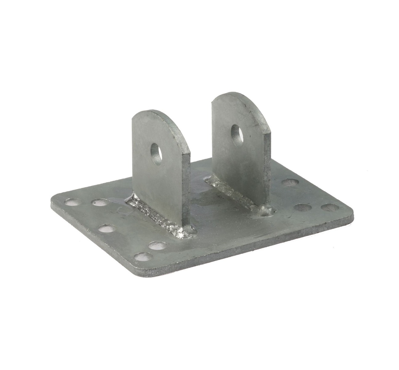 A hot-dip galvanized metal tube wall support bracket featuring a rectangular base plate with mounting holes and two upright tabs.