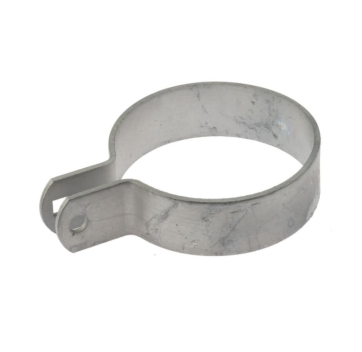 A silver hot-dip galvanized metal end bracket designed for securing chain link mesh to round posts in fencing projects.