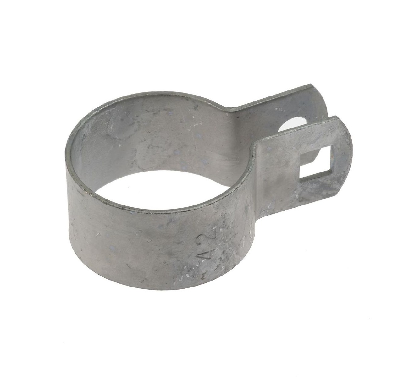 A silver galvanized circular metal clamp with a square bolt hole tab, used for securing fencing to round posts.