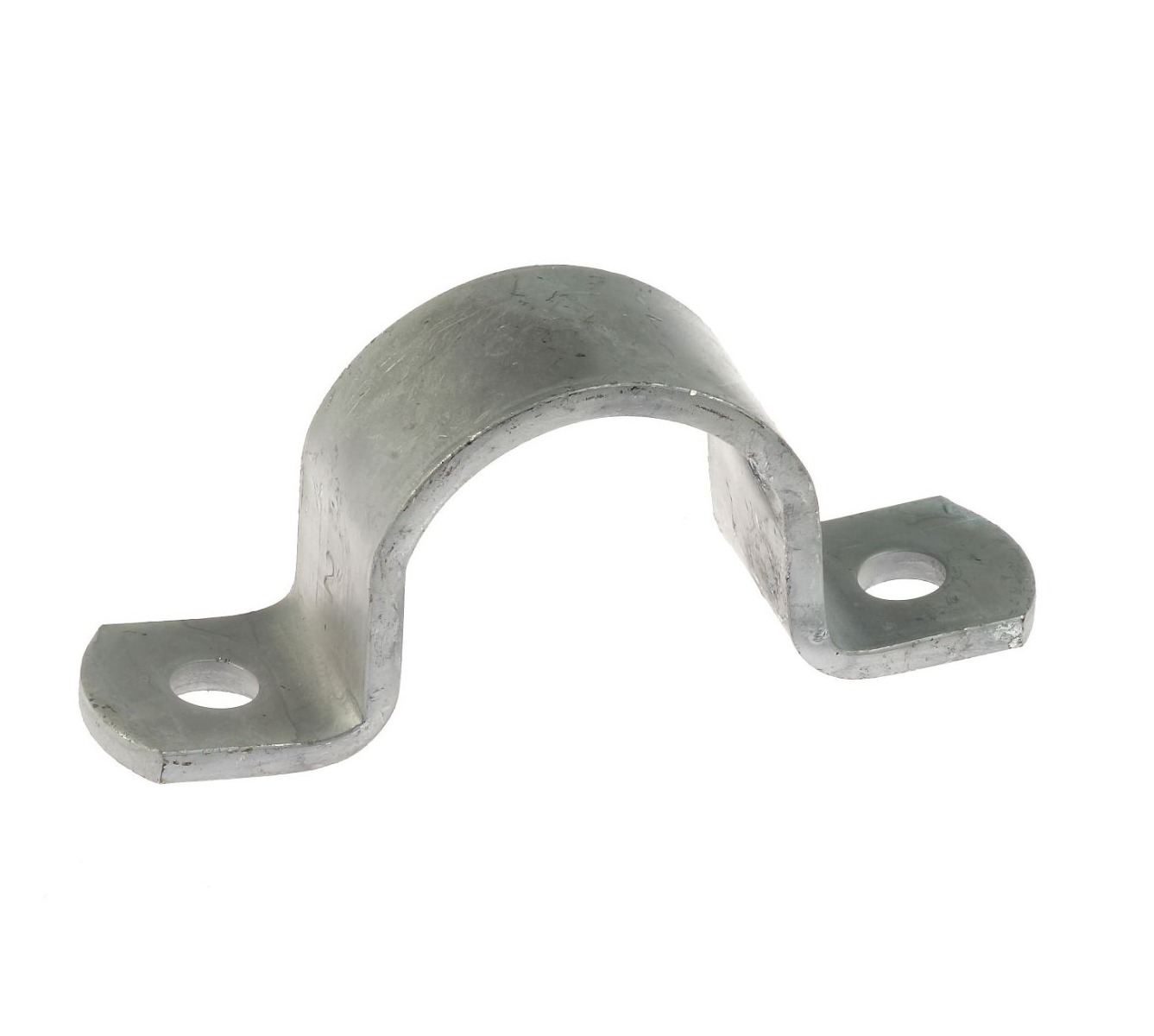 A hot-dip galvanized steel saddle bracket with a 30x5 mm strip profile and pre-drilled holes for securing pipes.