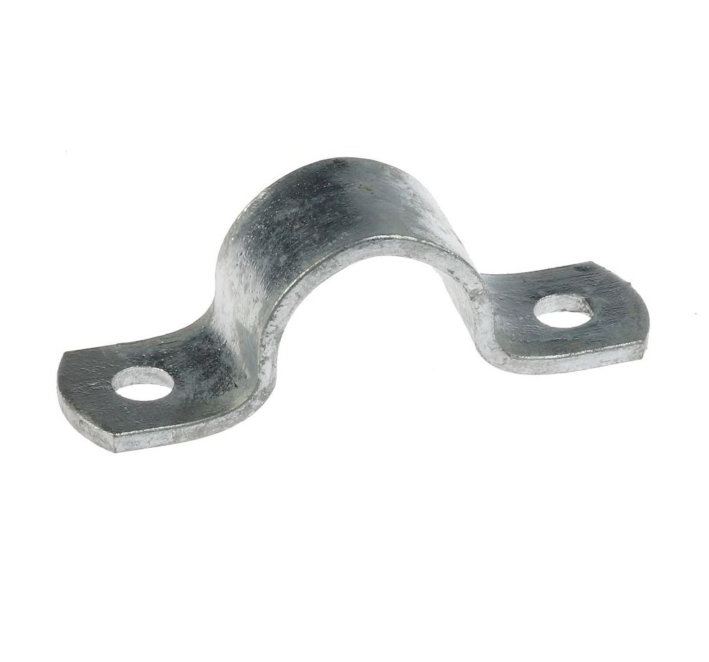 A hot-dip galvanized steel bracket strip with a central arch and two mounting holes for securing pipes or conduits.