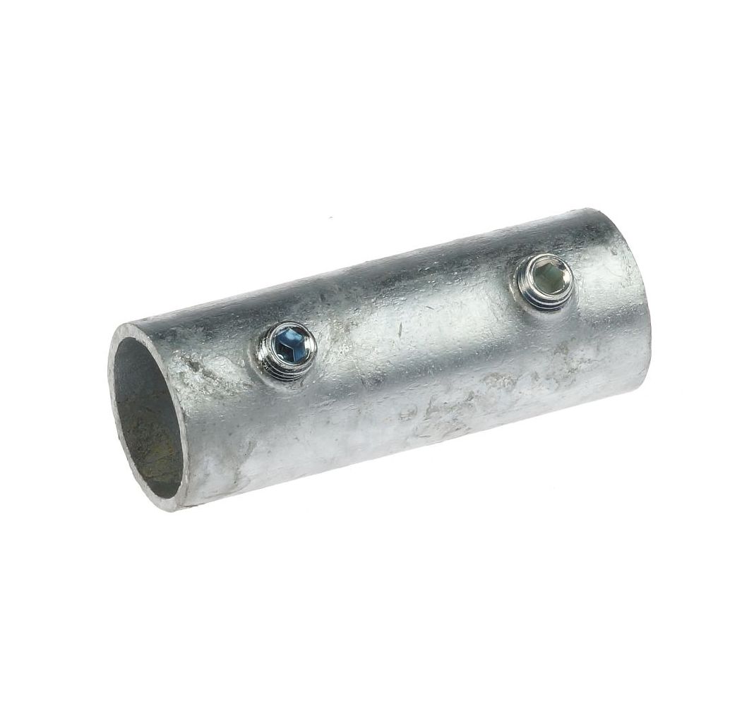 A cylindrical hot-dip galvanized steel pipe connector featuring two hex head set screws for secure industrial tube connections.