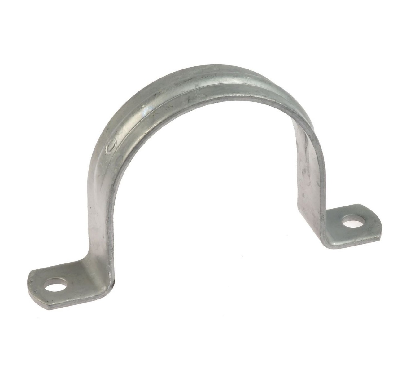 A silver-colored hot-dip galvanized steel two-hole pipe strap designed for securing industrial piping and conduits to flat surfaces.
