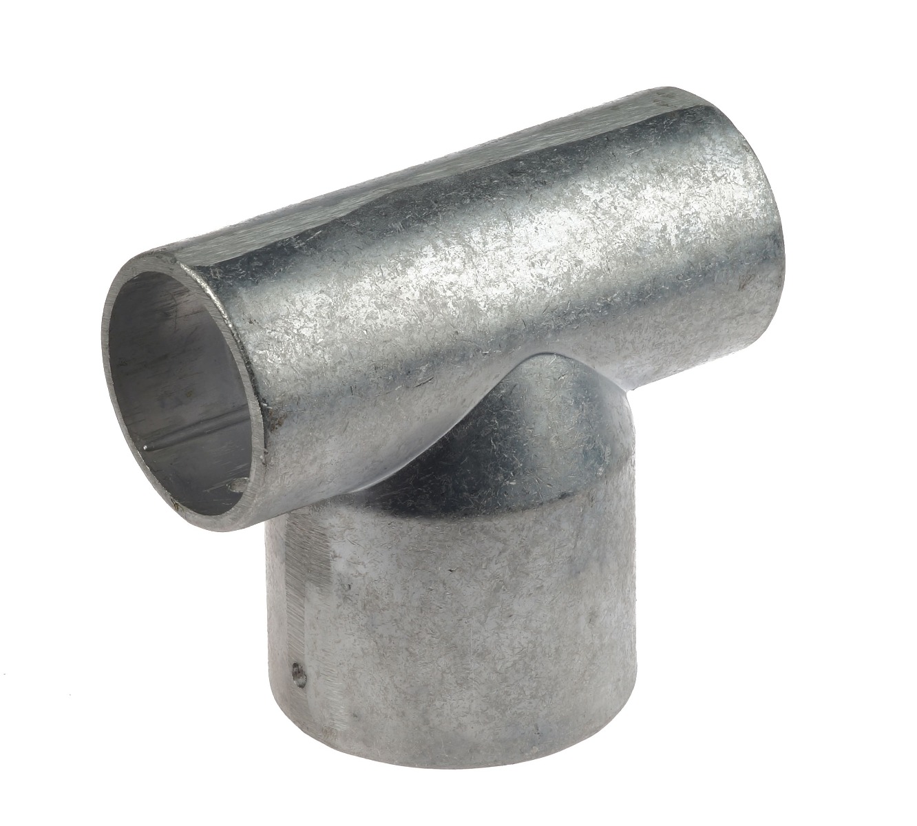 A silver-colored aluminum T-clamp connector designed to join two pipes at a ninety-degree angle for industrial or modular structural frames.