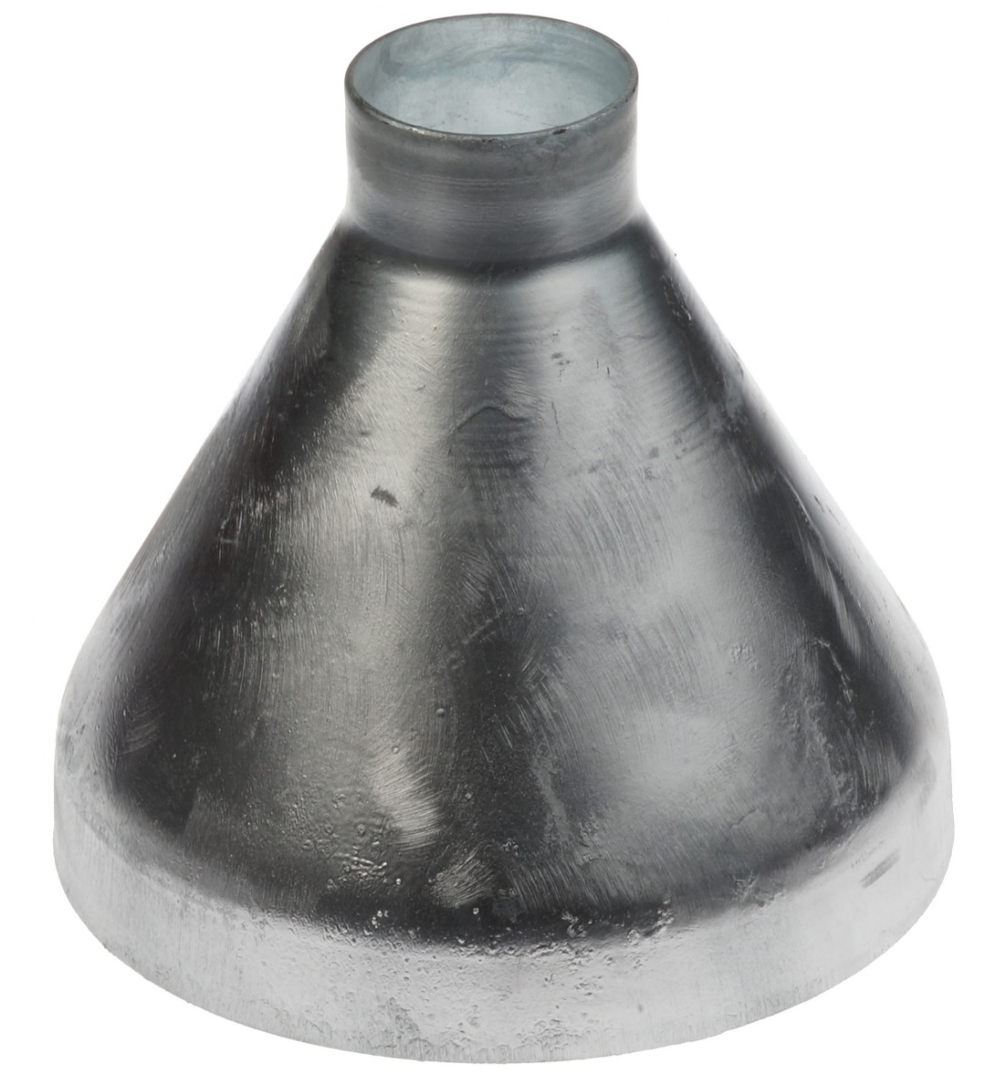 Conical shaped cast metal end cap with a hot-dip galvanized finish for durable pipe fitting applications.