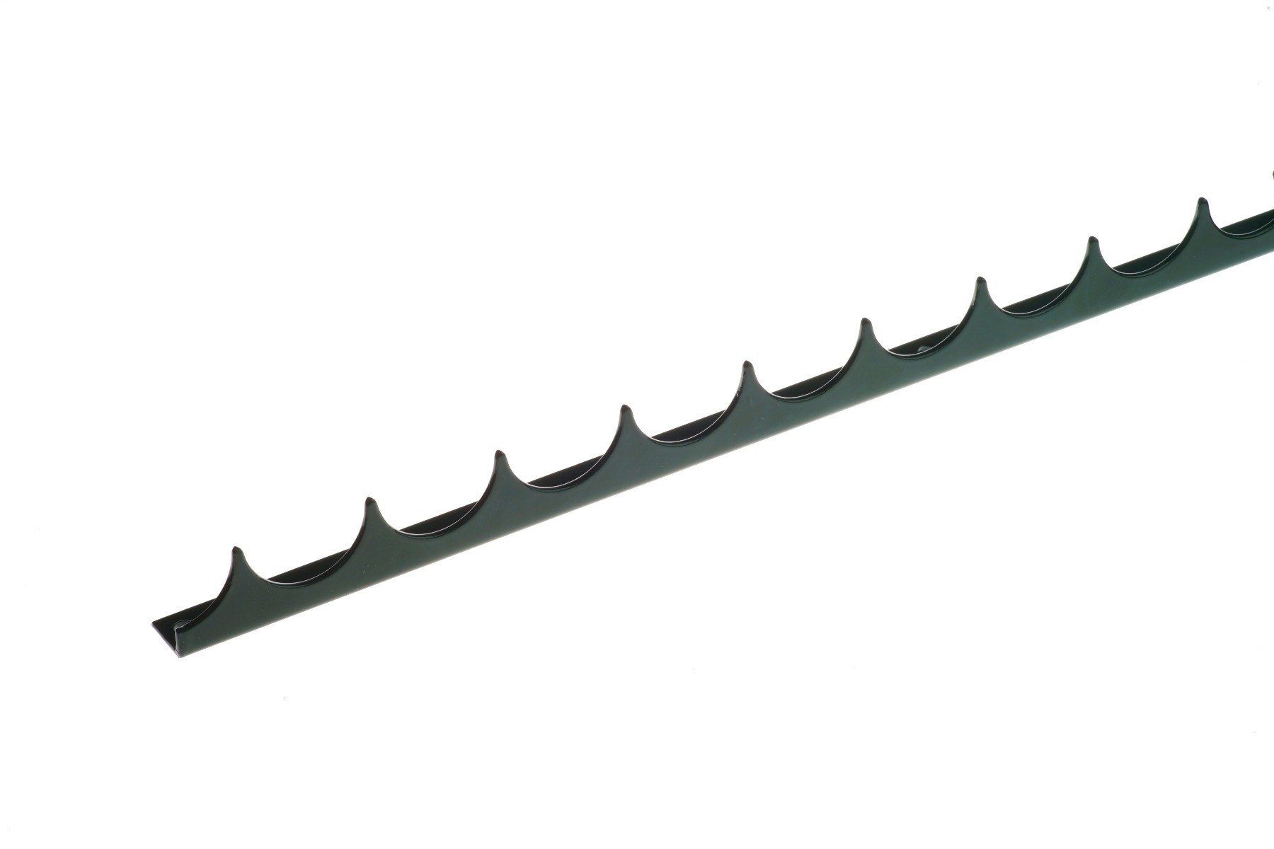 A long black metal spike comb strip with sharp serrated edges for wall or fence security and intruder deterrence.