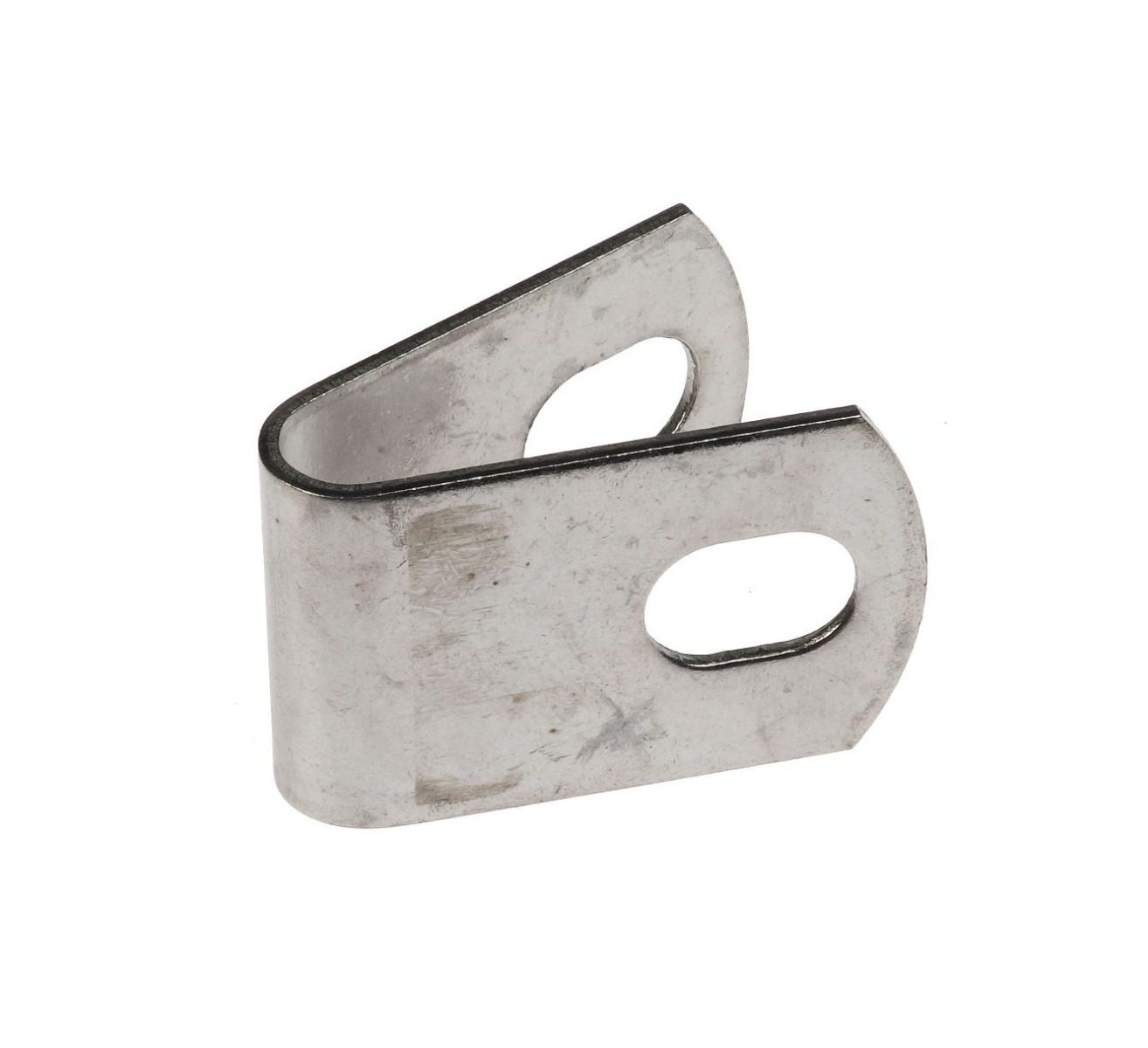 A durable silver stainless steel U-clamp featuring rounded ends with pre-drilled oval holes for secure mounting and pipe support.