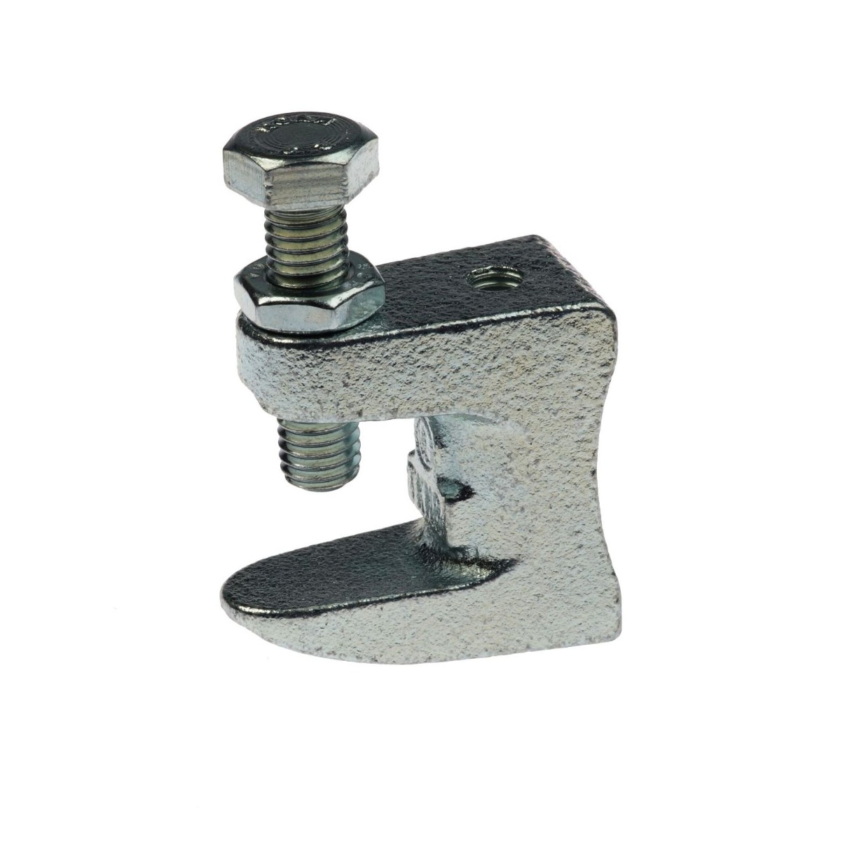 A zinc-plated steel beam clamp featuring a hex head bolt and lock nut, designed for secure industrial mounting applications.