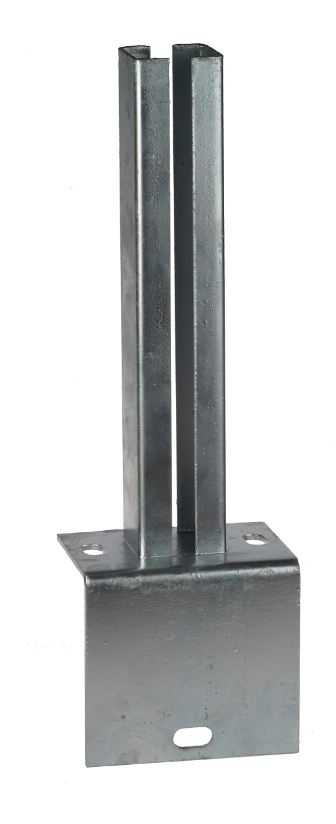 A hot-dip galvanised L-shape base plate designed for mounting a 60x40 box section vertical post securely to a surface.