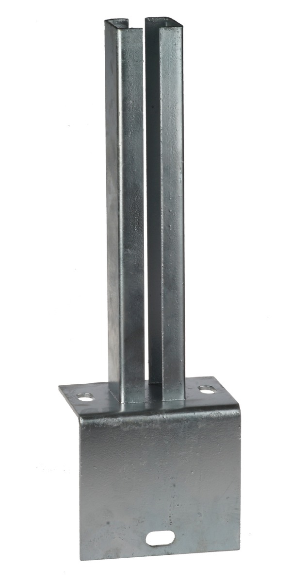 Durable hot-dip galvanized L-shape base plate with a vertical box section designed for sturdy floor or wall mounting.
