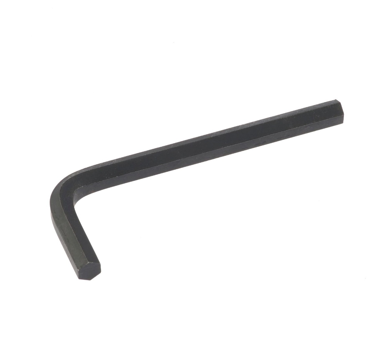 L-shaped black metal hexagon key tool designed for driving screws and bolts with a hexagonal socket, isolated on white background.
