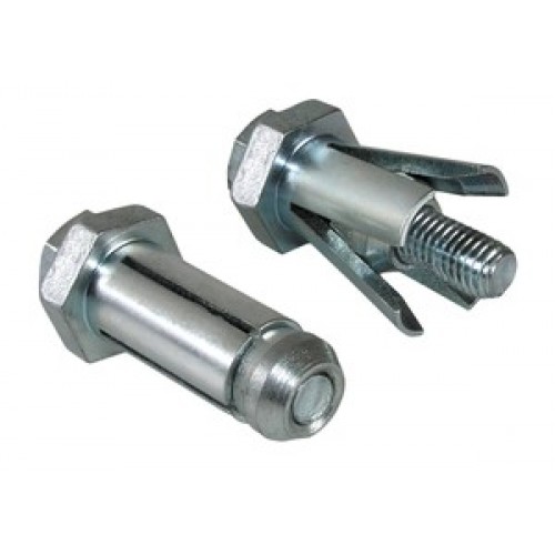 Two hot dip galvanized M8 BoxBolt fasteners shown in closed and partially expanded states for blind steel connections.