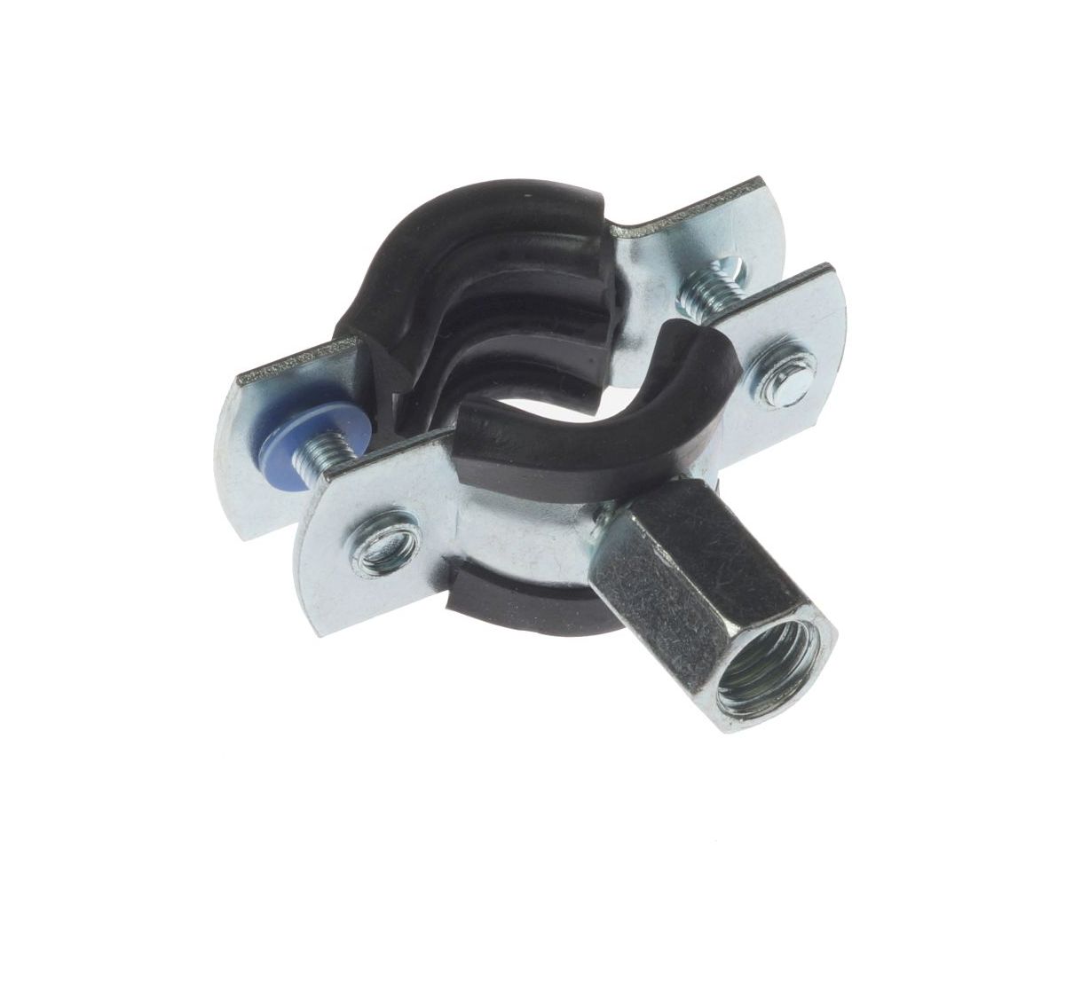 Zinc-plated metal pipe clamp with black rubber insulation and dual-threaded M8/M10 hexagonal connection nut on a white background.