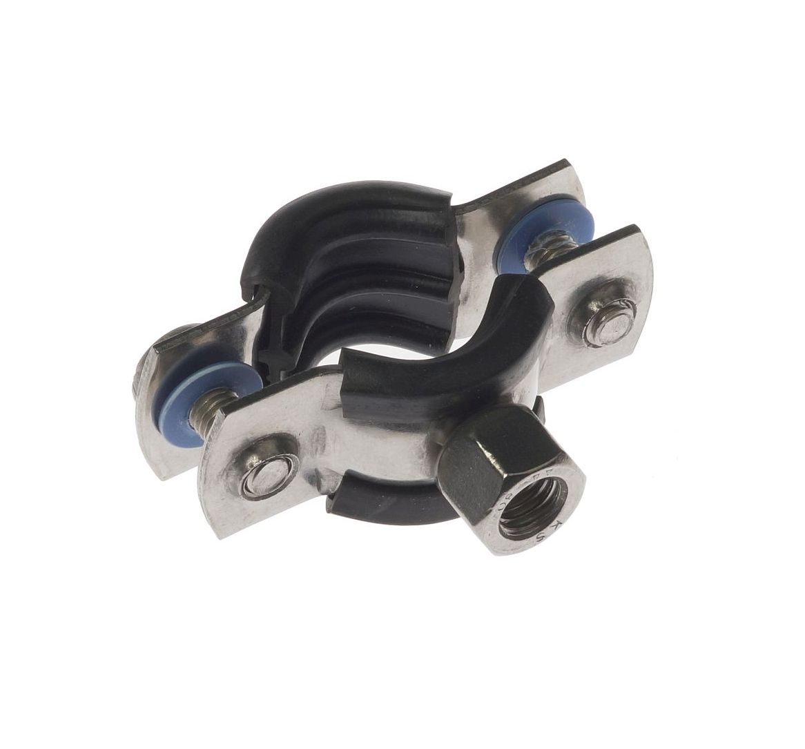 A stainless steel 316 pipe clamp with a black rubber lining, featuring an M8 threaded nut and two mounting screws.