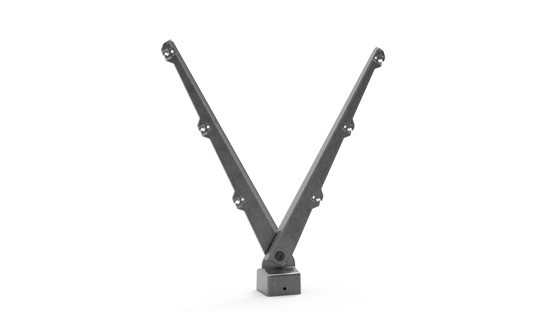A modular grey V-shaped double barbed wire arm extension for security fence posts shown against a plain white background.