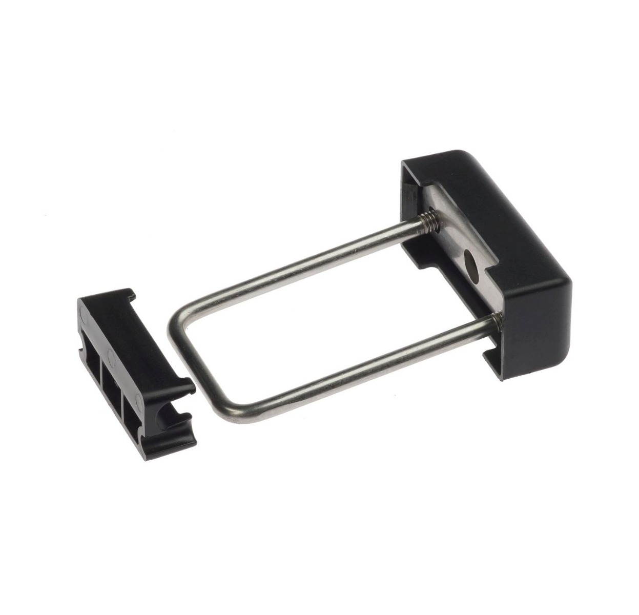 A mounting set for double rod mesh fencing featuring a stainless steel U-bolt and two black plastic mounting brackets.